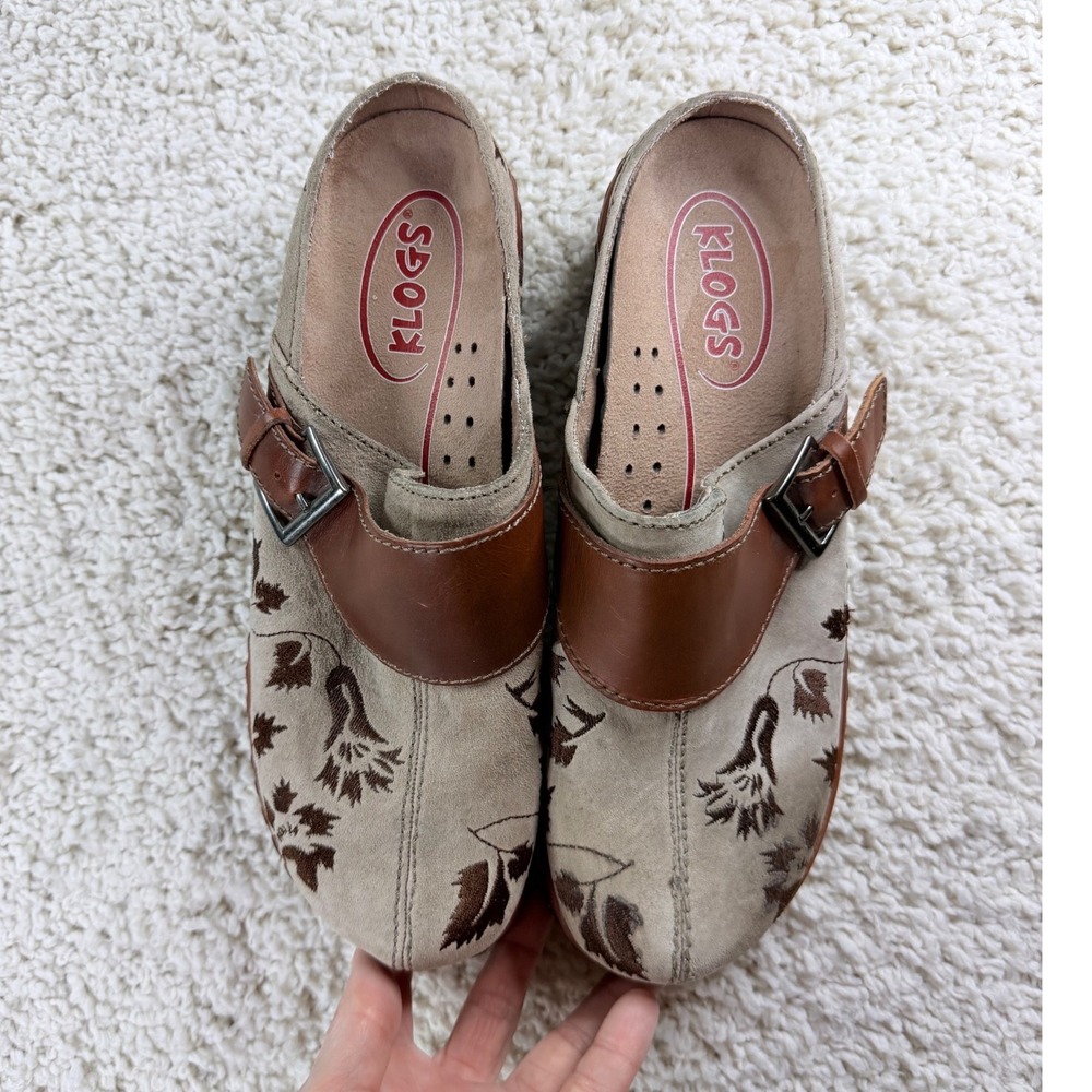 Klogs Embroidered Suede Mules Womens Tan Brown Good Floral Comfort Clogs